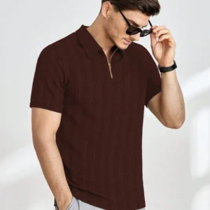 Men Self Design Zip Neck Polycotton Brown T-Shirt - S, BROWN