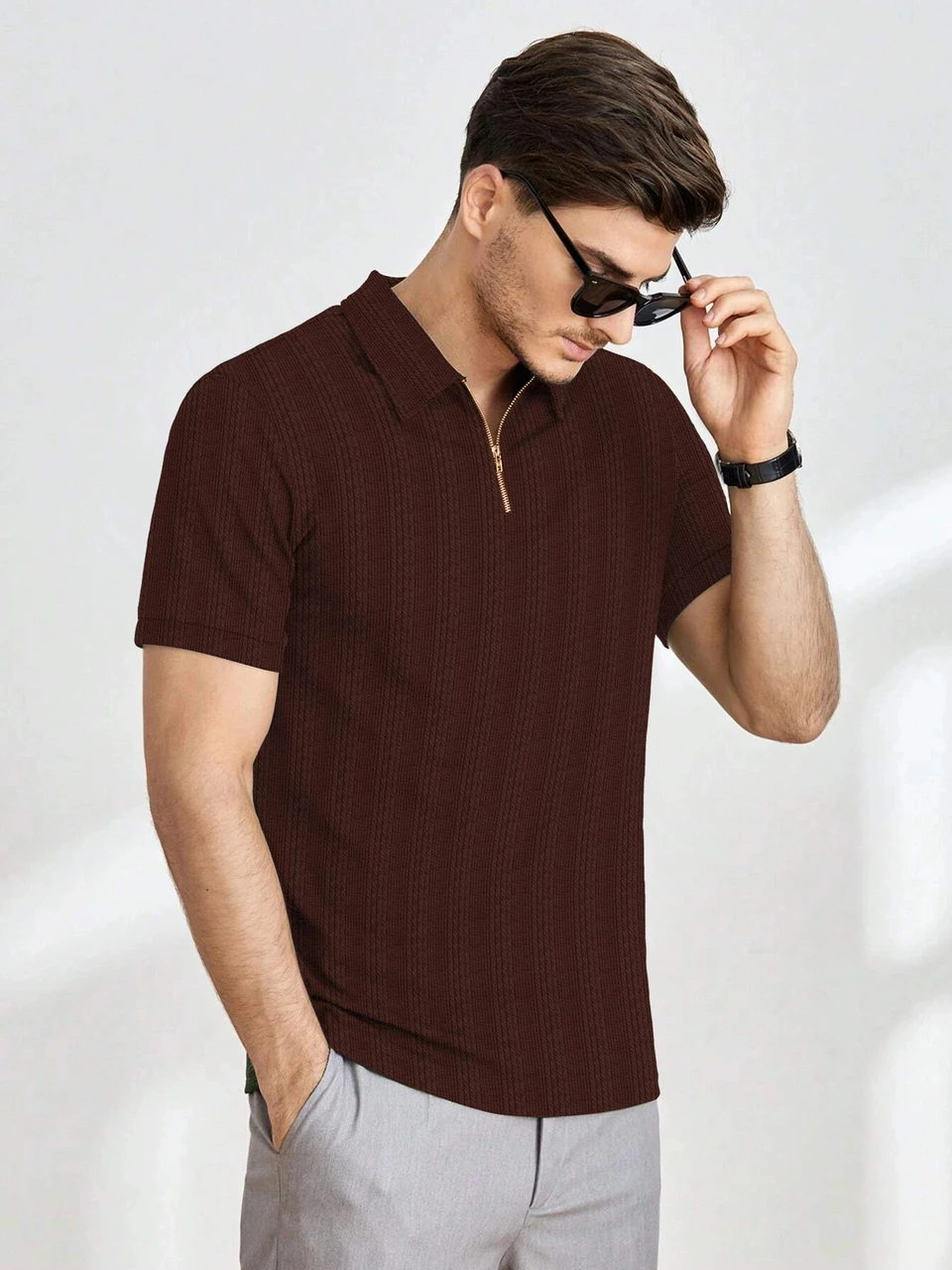 BRT1 Men Self Design Zip Neck Polycotton Brown T-Shirt - Image 5