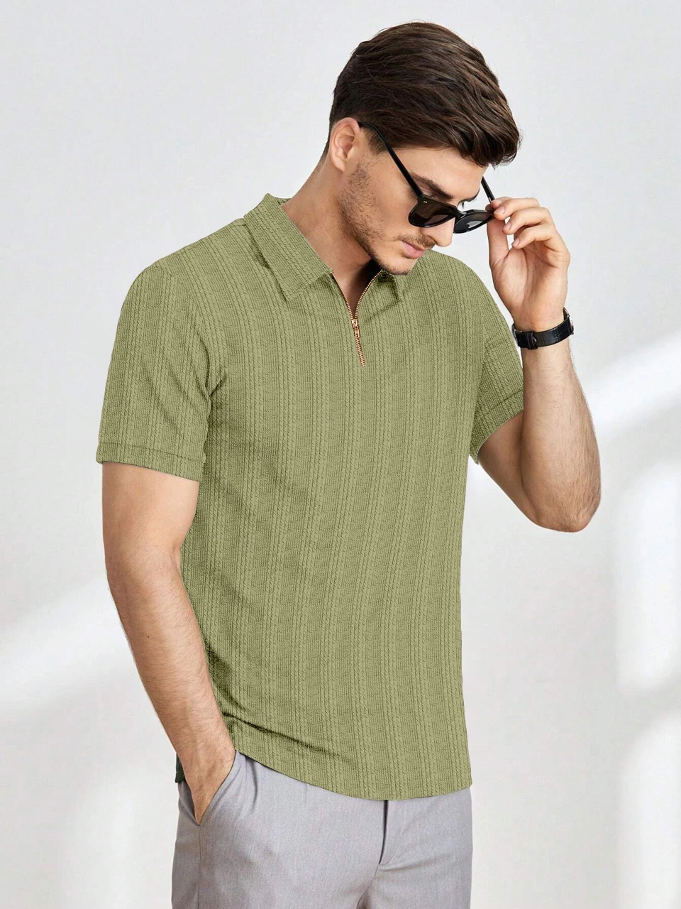 G T 1 Men Self Design Zip Neck Polycotton Brown T-Shirt - Image 3