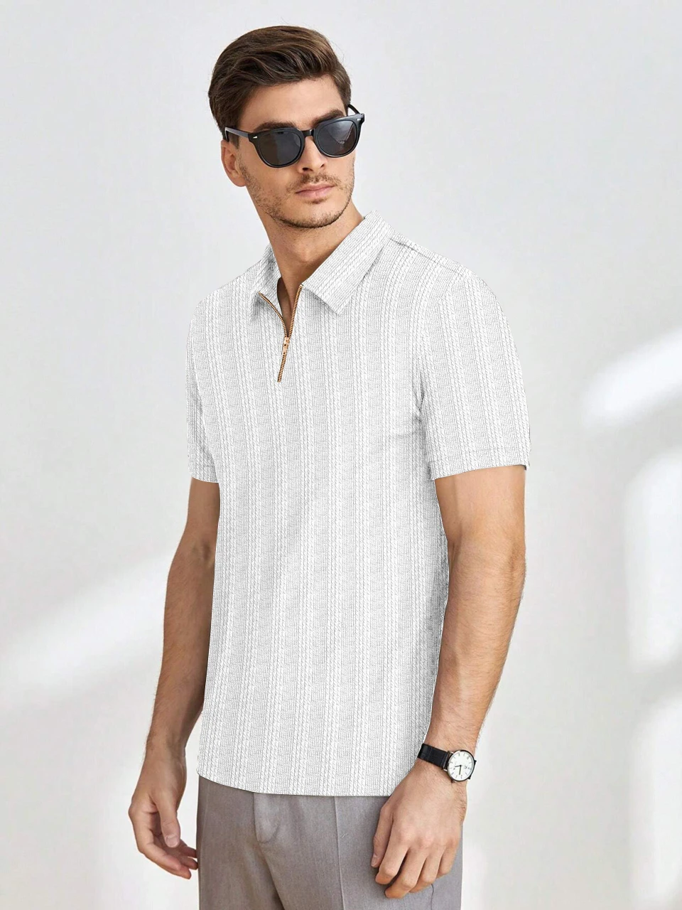 W T 1 Men Self Design Zip Neck Polycotton Brown T-Shirt - Image 4